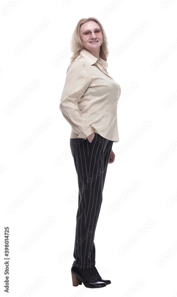 Fototapeta premium smiling woman in striped trousers looking at you