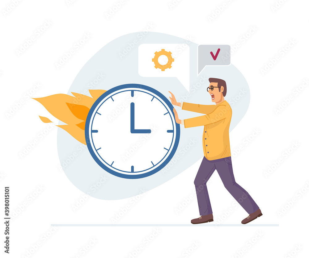 Working overtime at Deadline. Office worker employee running in panic. Office worker hurry up with job, do not have time to meet deadline. Burning tasks and deadlines concept