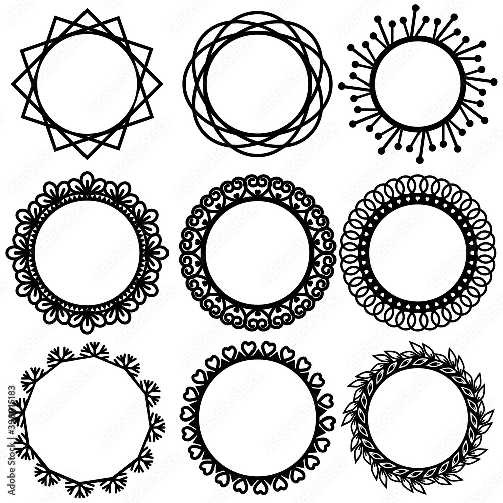 Openwork round frames with black outline, vector isolated illustration, design, decoration, wedding and greeting cards, logos, paper scrapbooking Openwork round frames with black outline, vector isolated illustration, design, decoration, wedding and greeting cards, logos, paper scrapbooking