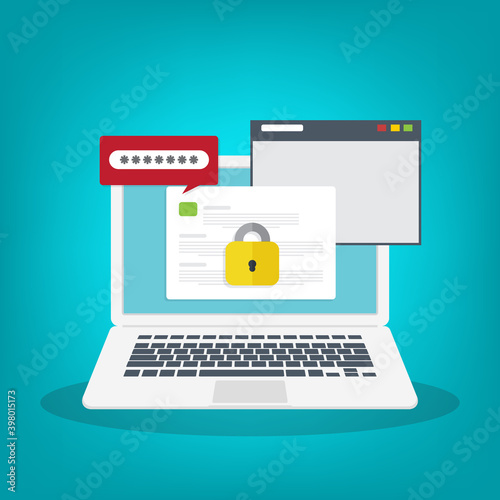 Locked access to document. Secure confidential document on a laptop, padlock on document, online access with private lock, illustration.	
