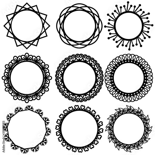 Openwork round frames with black outline, vector isolated illustration, design, decoration, wedding and greeting cards, logos, paper scrapbooking