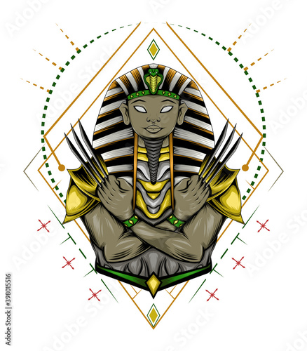 Fototapeta Naklejka Na Ścianę i Meble -  Pharaoh illustration with claws on sacred geometry background. design template for tshirt, clothing, apparel.