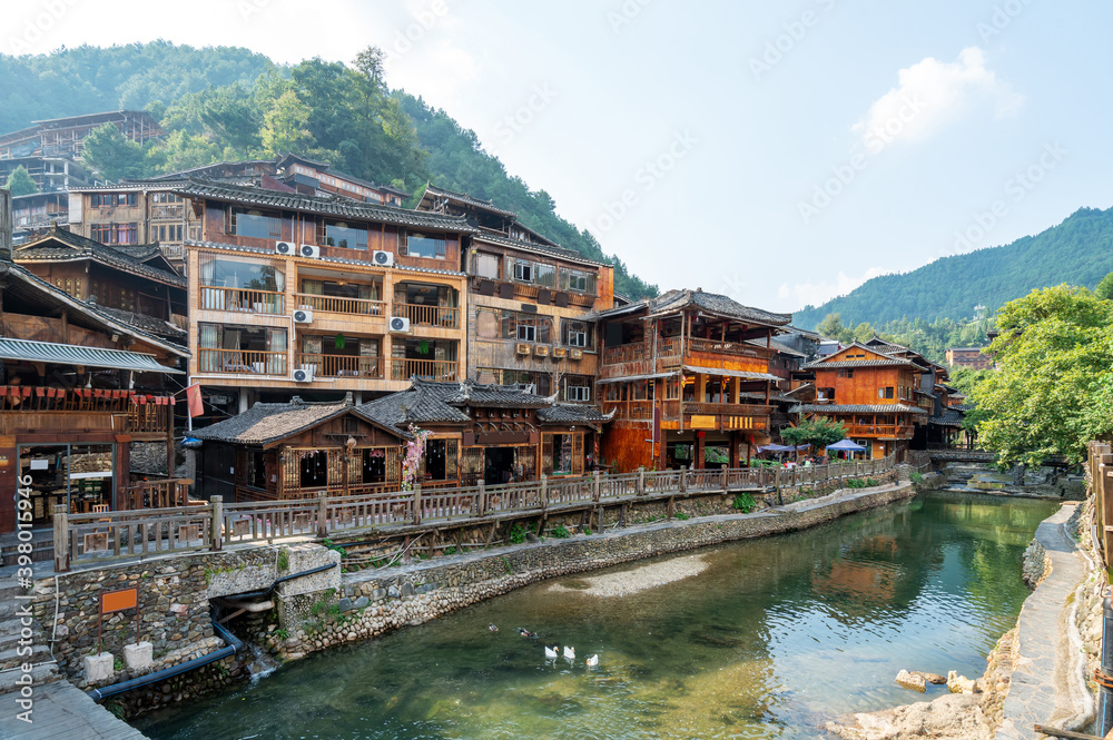 Diaojiaolou in Xijiang Miao Village, Guizhou, China. Diaojiaolou in Xijiang Miao Village, Guizhou, China.