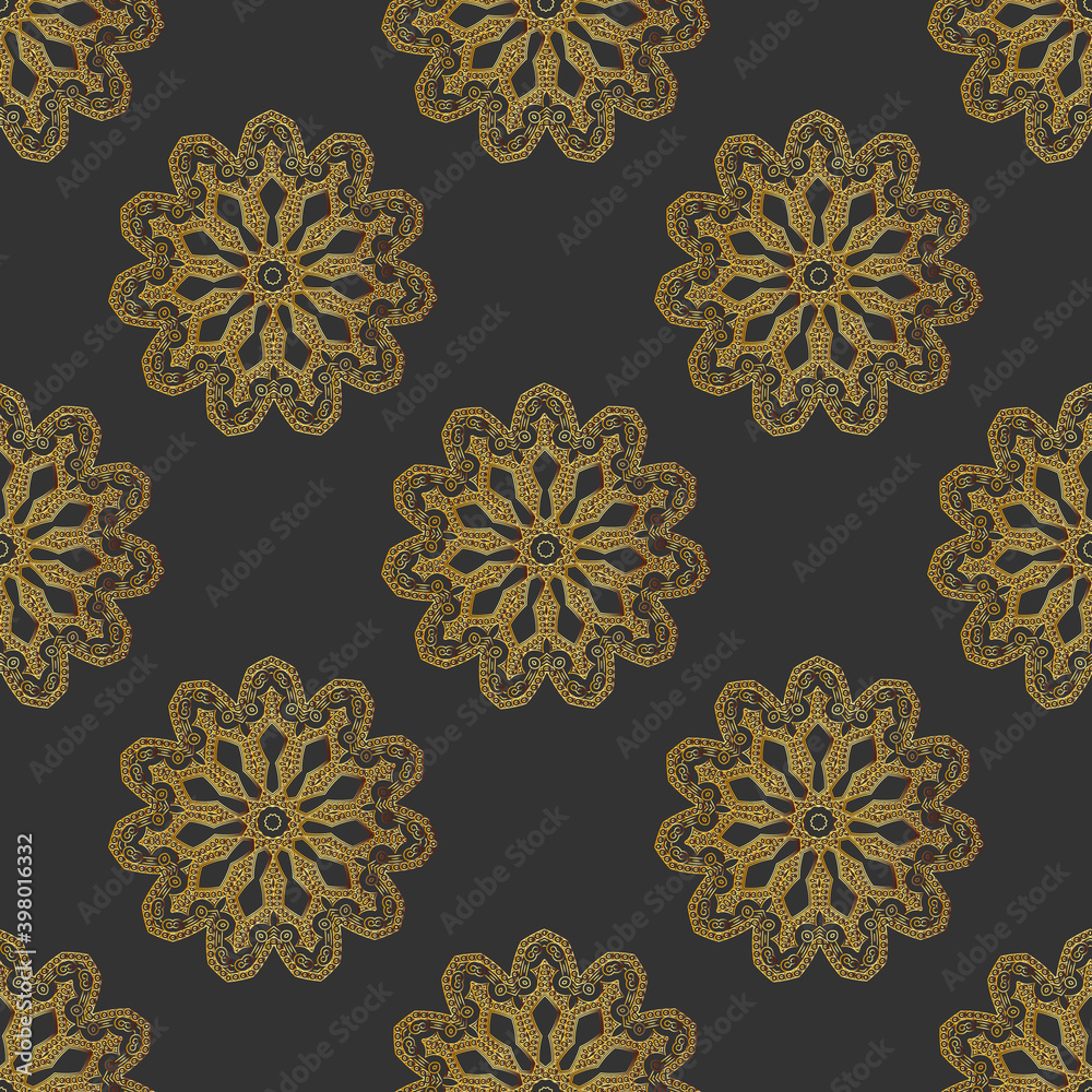 seamless pattern of golden mandalas on dark gray background. seamless pattern of golden mandalas on dark gray background.