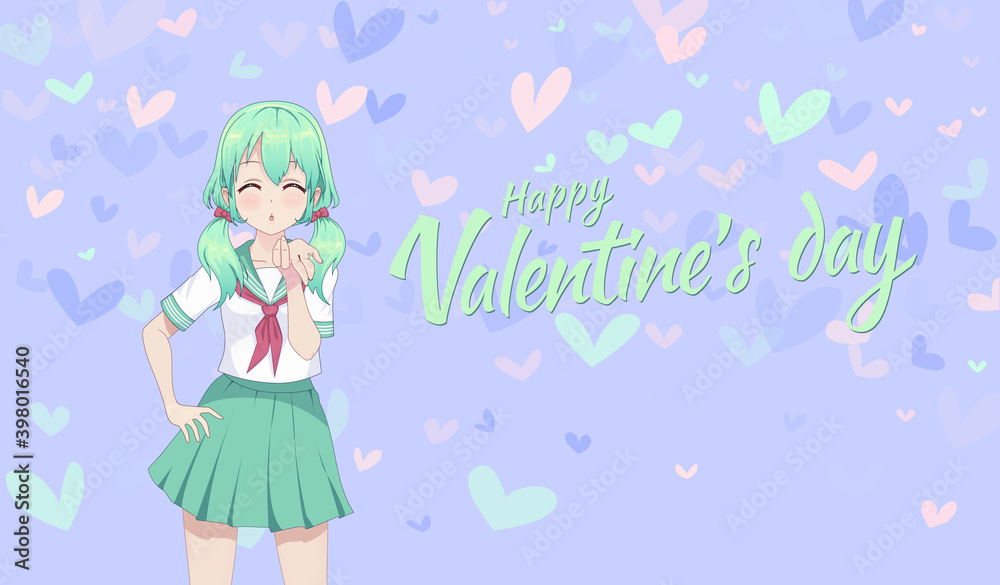 Anime manga schoolgirl in a sailor suit send air kisses. Vector illustration. Valentine's day card Anime manga schoolgirl in a sailor suit send air kisses. Vector illustration. Valentine's day card
