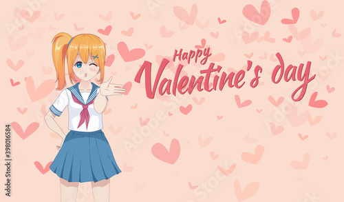 Anime manga schoolgirl in a sailor suit send air kisses.  Vector illustration. Valentine's day card © ApoevArt