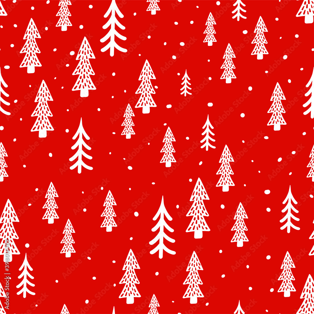 Christmas forest scandinavian hand drawn seamless pattern. Vector New Year, Winter, holidays red texture with Christmas tree for print, paper, design, fabric, decor, background
