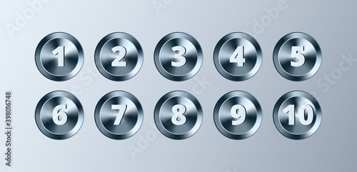 Metal circle buttons with numbers set. Vector Chrome Metallic textured gold badges, shiny design elements for background, web, apps