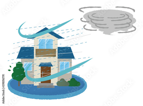 台風の被害に遭う住宅のベクターイラスト