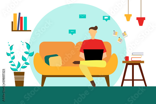 Freelancer working with laptop at home. Vector illustration in flat style. 