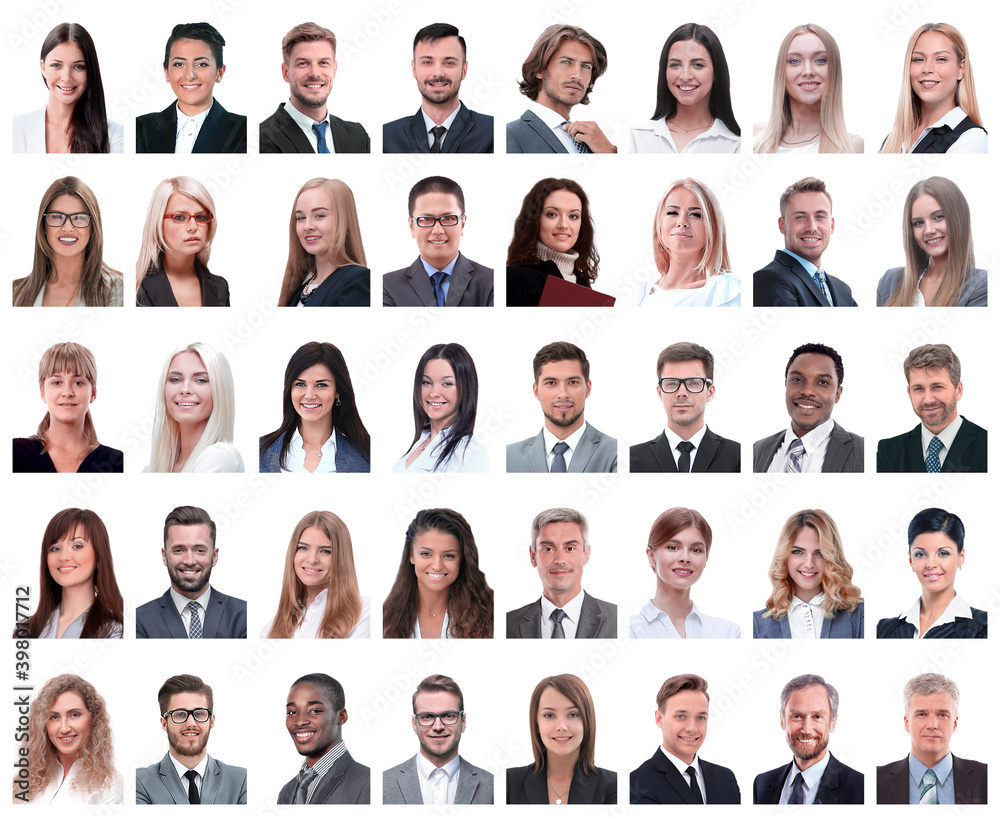 collage of portraits of successful employees isolated on white collage of portraits of successful employees isolated on white