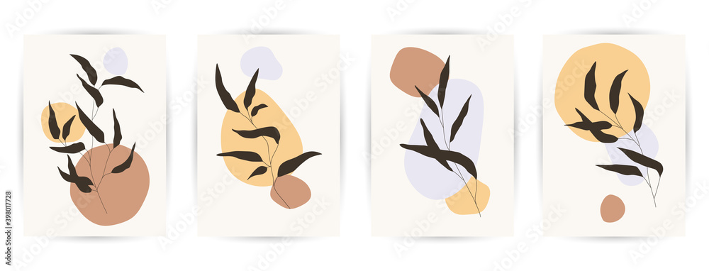 Obraz premium Modern abstract art backgrounds set with botanical leaves and abstract geometric shapes. Botanical wall art vector set. Art design for print, cover, wallpaper. Vector illustration