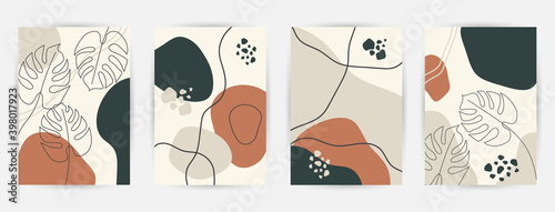 Modern abstract art backgrounds set with botanical leaves and abstract geometric shapes. Botanical wall art vector set. Art design for print, cover, wallpaper. Vector illustration
