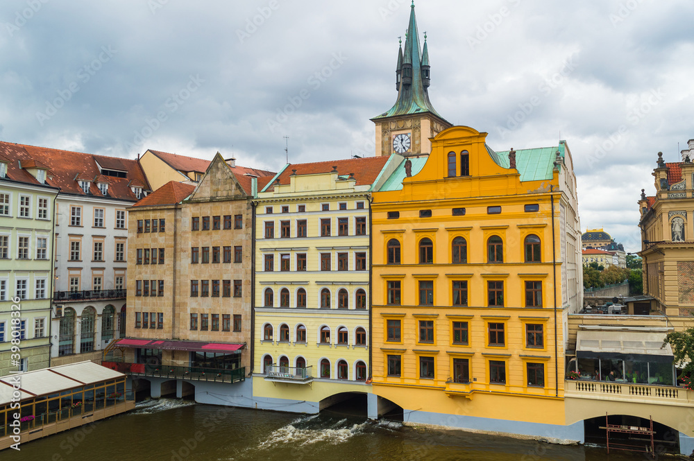 Colorful houses in Prague. Vltava river.