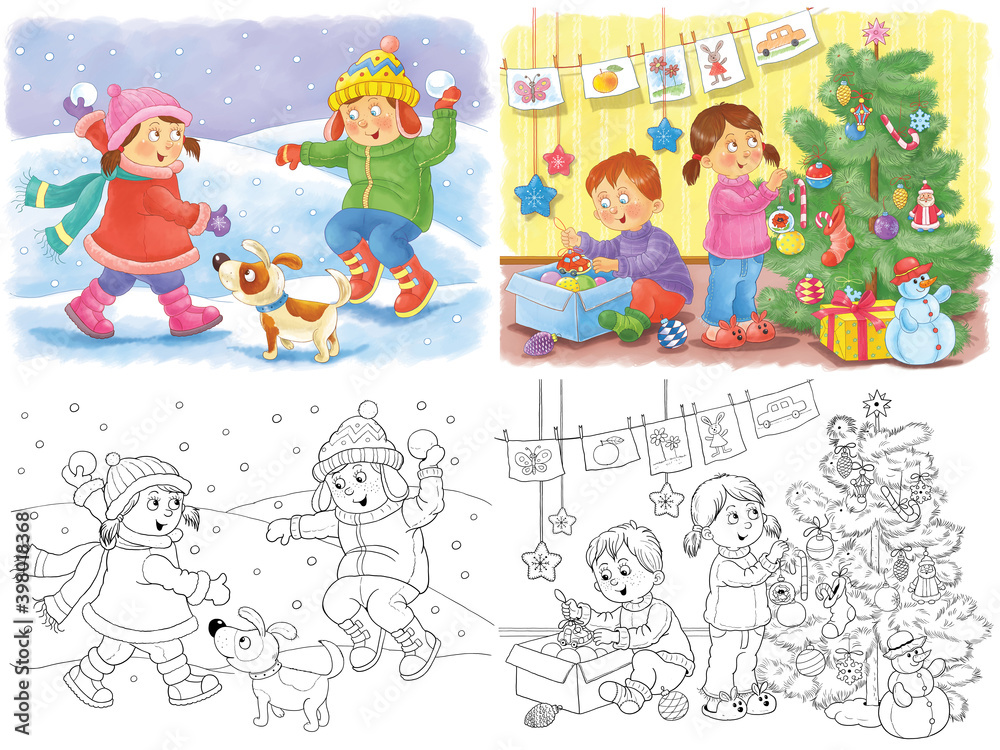 New Year, Christmas, winter. Cute boy and girl playing outdoors and decorating Christmas tree. Coloring page. Illustration for children. Cute and funny cartoon characters