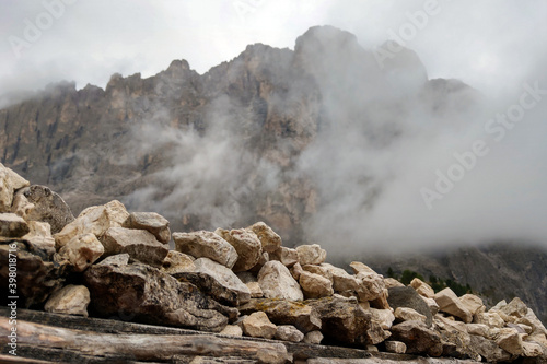 The top of the Dolomites in the fog in Italy. Out of focus.