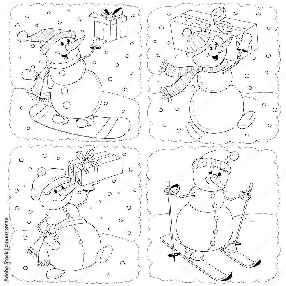Fototapeta premium New Year, Christmas, winter. Set of cute snowmen. Coloring page. Illustration for children. Cute and funny cartoon characters