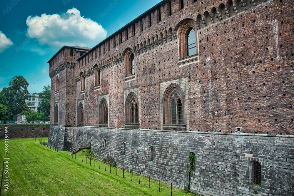 Enormous walls of the magnificent Sforza Castle , Castello Sforzesco in Milan