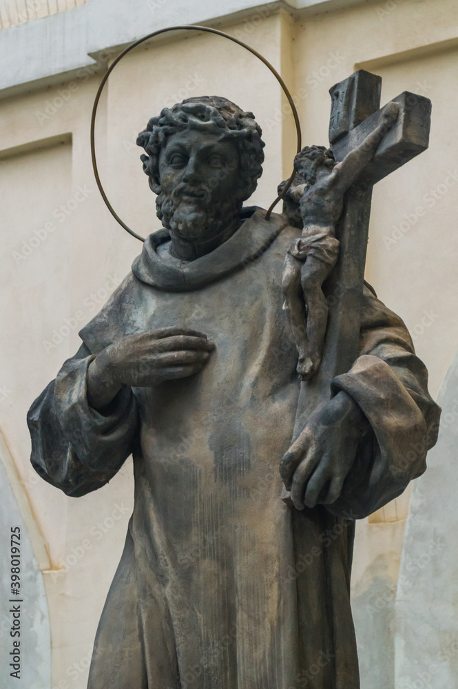 Czech, Prague, gothic sculpture of the Cyril and Methodius on the Charles bridge. Prague, medieval art, statue of Saint on the bridge of King Charles.