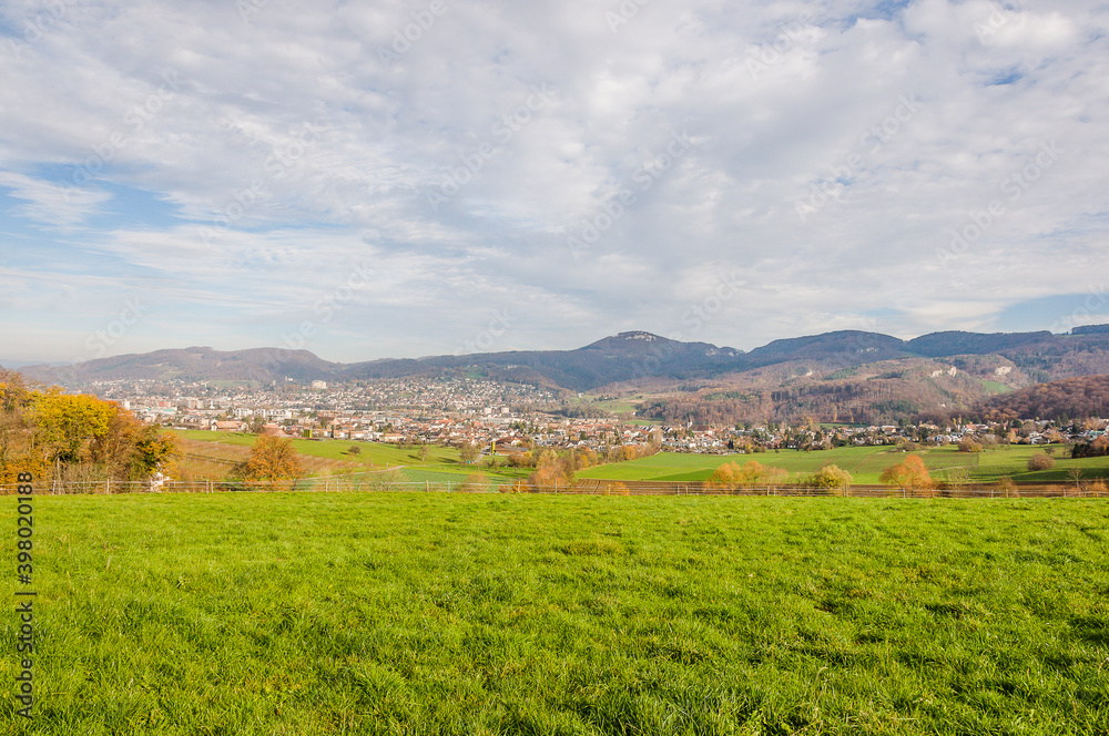 Fototapeta premium Aesch, Klus, Weinberge, Pfeffingen, Birseck, Rebbergweg, Ruine, Burg, Baselland, Wanderweg, Aussichtspunkt, Landwirtschaft, Winter, Schweiz, Nordwestschweiz