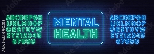 Mental health neon sign on brick wall background. Blue and mint neon alphabets. Template for the design.