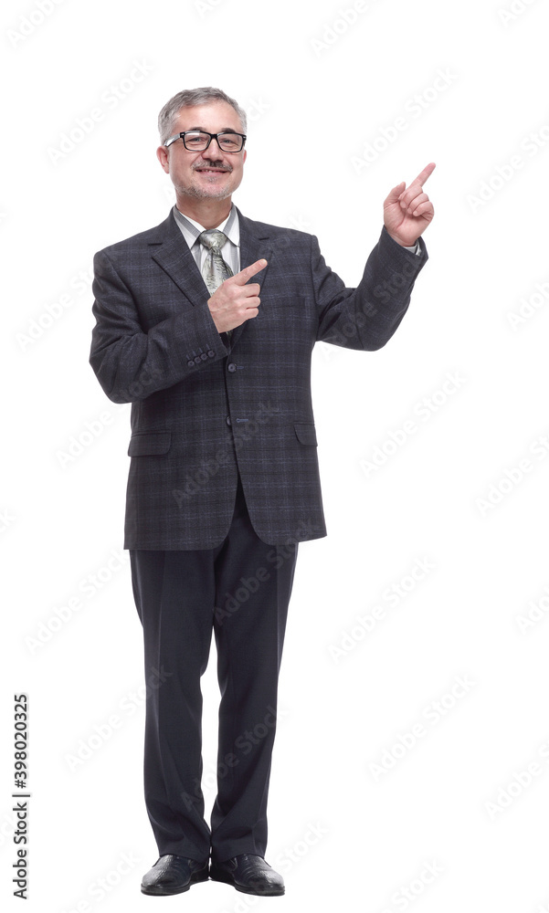 smiling adult male pointing in the direction. isolated on a white smiling adult male pointing in the direction. isolated on a white