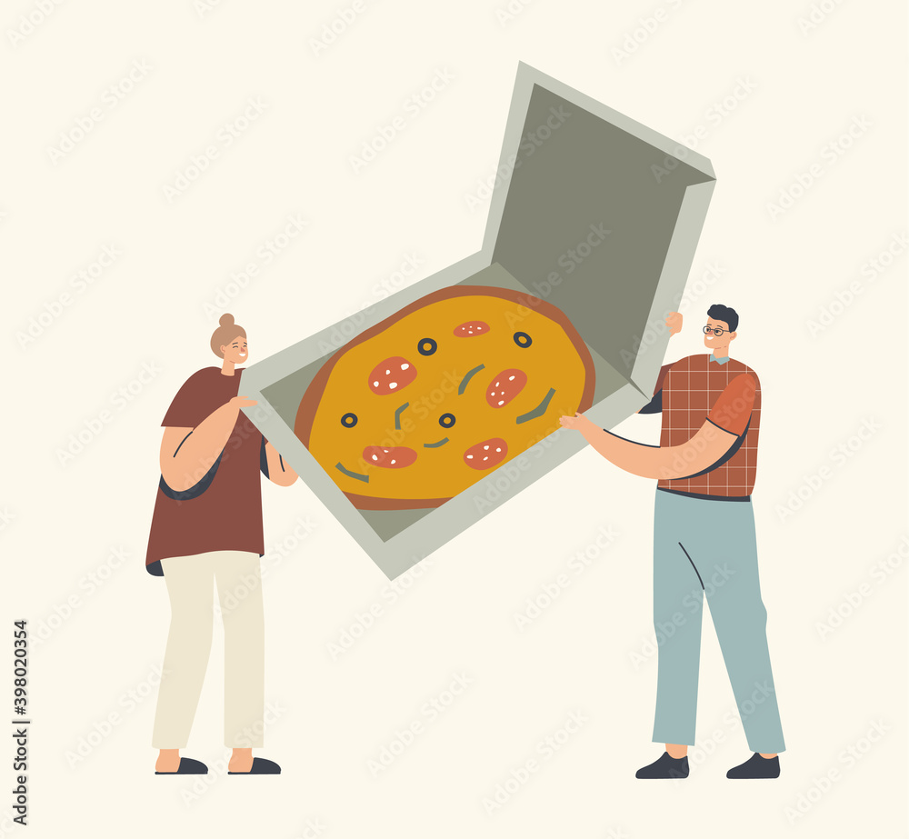 Φωτογραφία Tiny Male and Female Characters Holding Box with Huge Italian Pizza with Olives, Herbs and Sausage