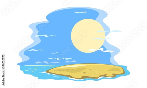 Yellow sand, blue sky and shining sun over ocean, paradise. Vector summertime travel, heaven, wild nature landscape, vacation, freedom design isolated on white background