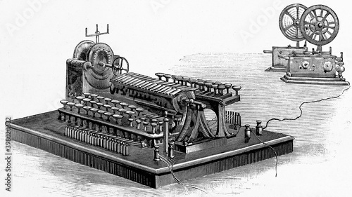Device for Morse telegraphy with keyboard Cerebotani system. Antique illustration. 1899.