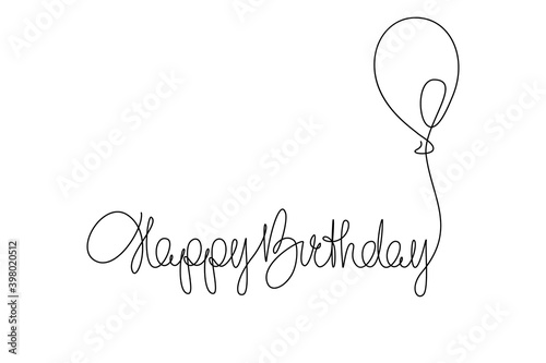Happy Birthday handwritten lettering with symbolic party balloon. Continuous line drawing design. Vector illustration