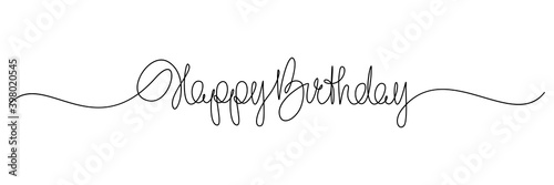 Happy Birthday handwritten lettering. Continuous line drawing text design. Vector illustration