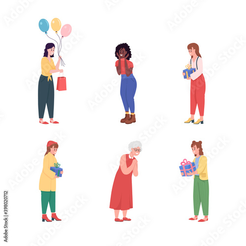 Happy birthday female flat color vector detailed character set