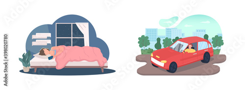 Nighttime, daytime lifestyle flat color vector faceless character set