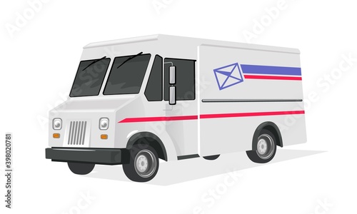 Driver or courier on express delivery truck. Vector international communication, packaging, transportation, postbox, postal service and logistics design isolated on white background