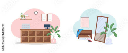 Fototapeta Naklejka Na Ścianę i Meble -  Interior flat color vector illustration set
