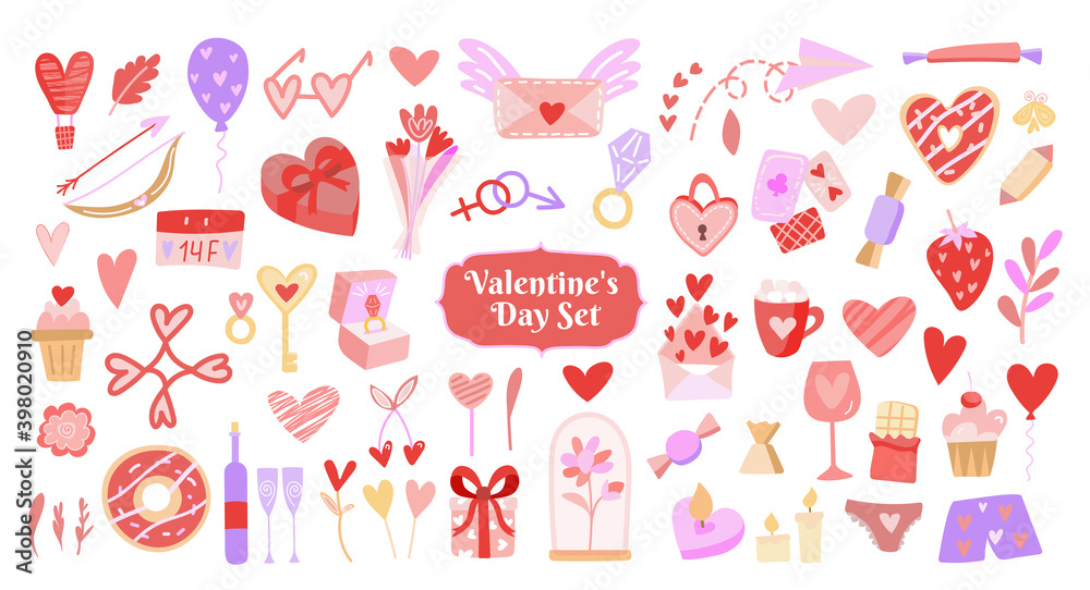 Valentine s Day set - labels, emblems and other elements. Vector illustration with cute stickers pack in cartoon style with love symbols for valentine's day. Large collection of clip arts