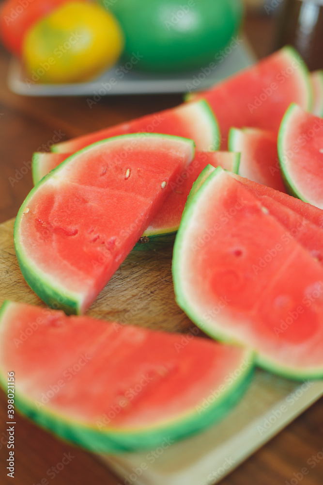 Bright red fresh watermelon slices top view.