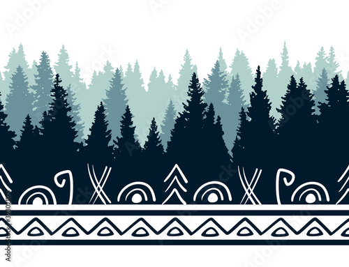 Northern spruce forest in a mist and border of ethnic ornament. Vector illustration.