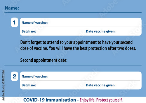 Illustration of cover-19 vaccination record card for first and second dose appointment