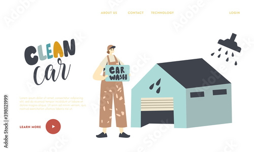 Cleaning Automobiles Landing Page Template. Female Character Holding Banner with Car Wash Typography Stand near Garage
