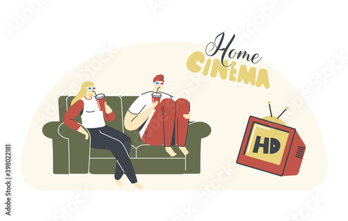 Young Loving Couple Watching TV with Soda at Home. Male and Female Characters Sitting on Couch Together on Weekend