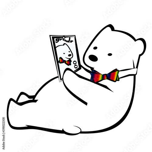 A cute gay polar bear in rainbow tie with laptop look boyfriend in Grinder