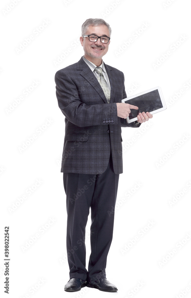 smiling man pointing at the screen of a digital tablet smiling man pointing at the screen of a digital tablet