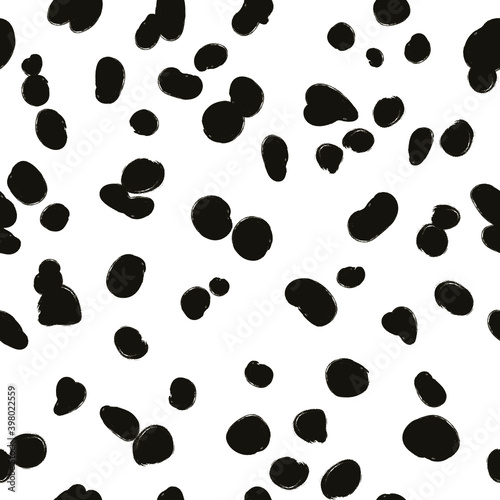 Animal skin seamless pattern, dalmatian vector background, black chaotic spots, with brush texture