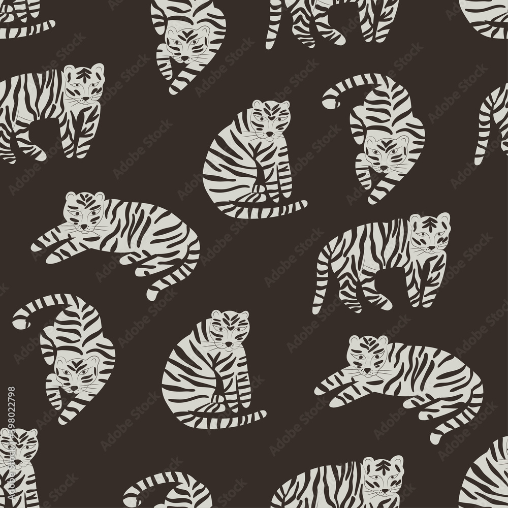 Monochrome cartoon pattern with tigers for fabric, textile, print, wrapper, apparel, nursery decoration, wallpaper, surface design. Seamless vector flat background with animals Monochrome cartoon pattern with tigers for fabric, textile, print, wrapper, apparel, nursery decoration, wallpaper, surface design. Seamless vector flat background with animals