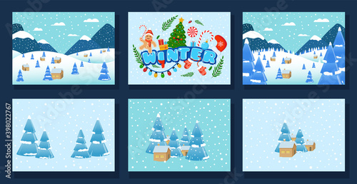 Set of vector illustrations for Christmas and New Year cards of a winter landscape with mountains, snow-covered trees, forest houses and the inscription Winter. Sweets and New Year's paraphernalia