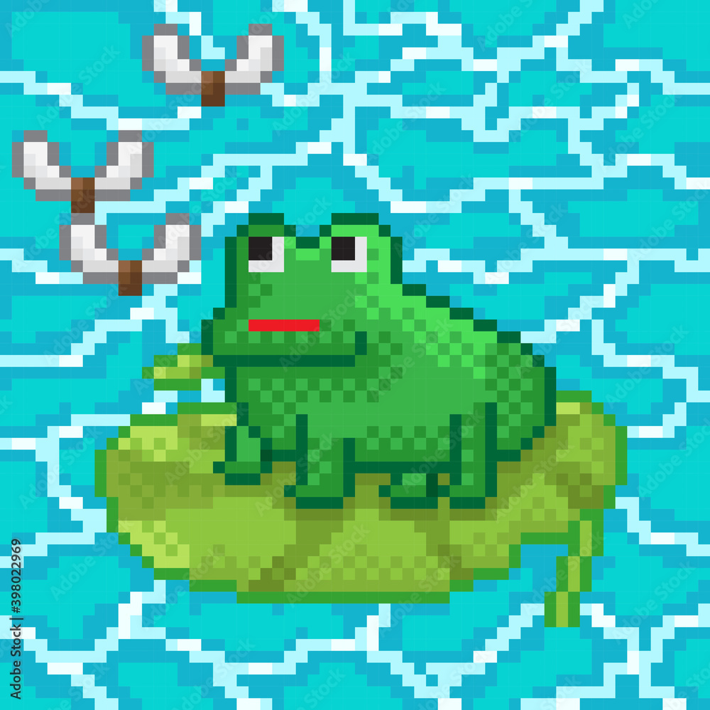 Cute frog pixel art. Vector picture. Frogs in the lotus pond.