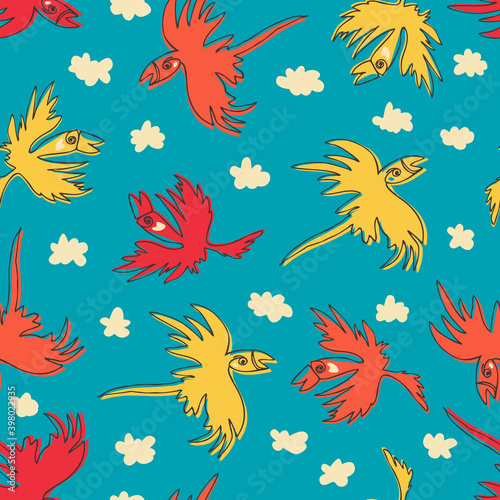 Seamless vintage pattern with flying parrots on a blue background. Vector endless flat illustration with birds in the sky