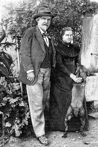 Frederic Mistral and his wife in their garden. French writer of Occitan literature, provençal form of the language. Novel prize of literature, 1904. 1830-1914. Antique illustration. 1899. photo