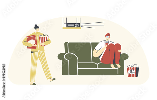 Characters Home Cinema Recreation. Young Man in 3d Glasses Sitting at Sofa with Soda Drink Watching Movie on Tv